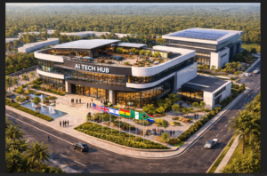 AiForAfrica International AI Tech Hub. Aerial view of the AiForAfrica International AI Tech Hub — a next-generation technology campus built to accelerate AI learning, digital transformation, and innovation ecosystems across Africa. The hub will support students, entrepreneurs, business leaders, and government institutions in building AI-powered solutions that drive sustainable development and global economic participation.