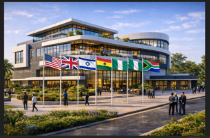 AiForAfrica International AI Tech Hub showcasing global partnership flags representing collaboration between Africa and leading international allies. This hub symbolizes a new era of inclusive AI leadership, where Africa becomes a creator of technology — not just a consumer — driving innovation, entrepreneurship, and shared global prosperity. AiForAfrica International AI Tech Hub. International campus view